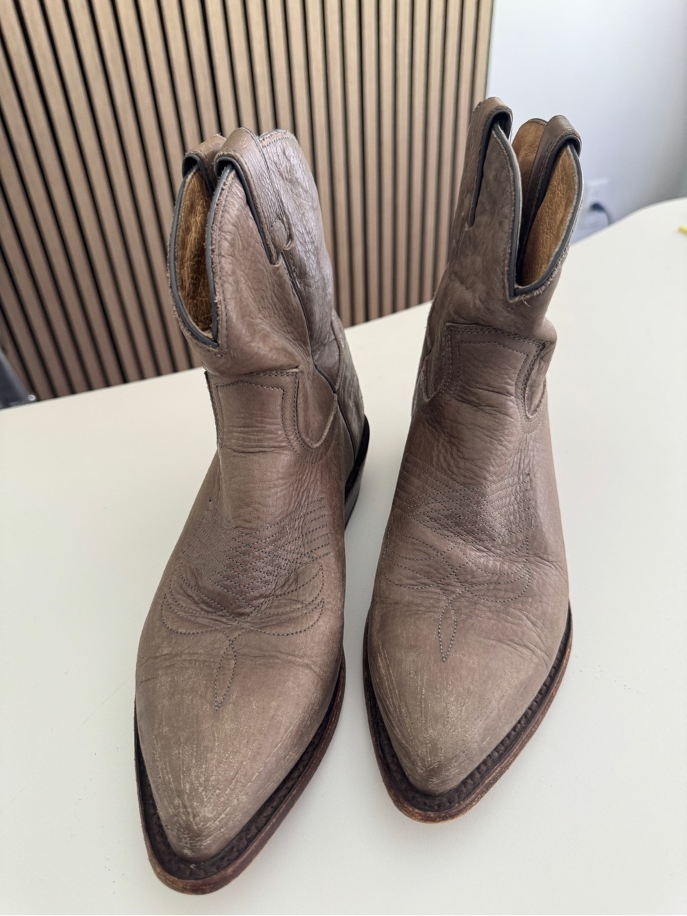 Frye Taupe Leather Western Ankle Booties